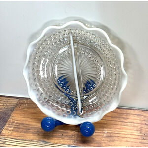 Vintage Fenton Moonstone White Opalescent Hobnail Divided Dish Candy Relish Nuts